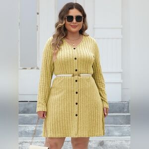 Plus Size Ribbed Buttoned V-Neck Long Sleeve Dress